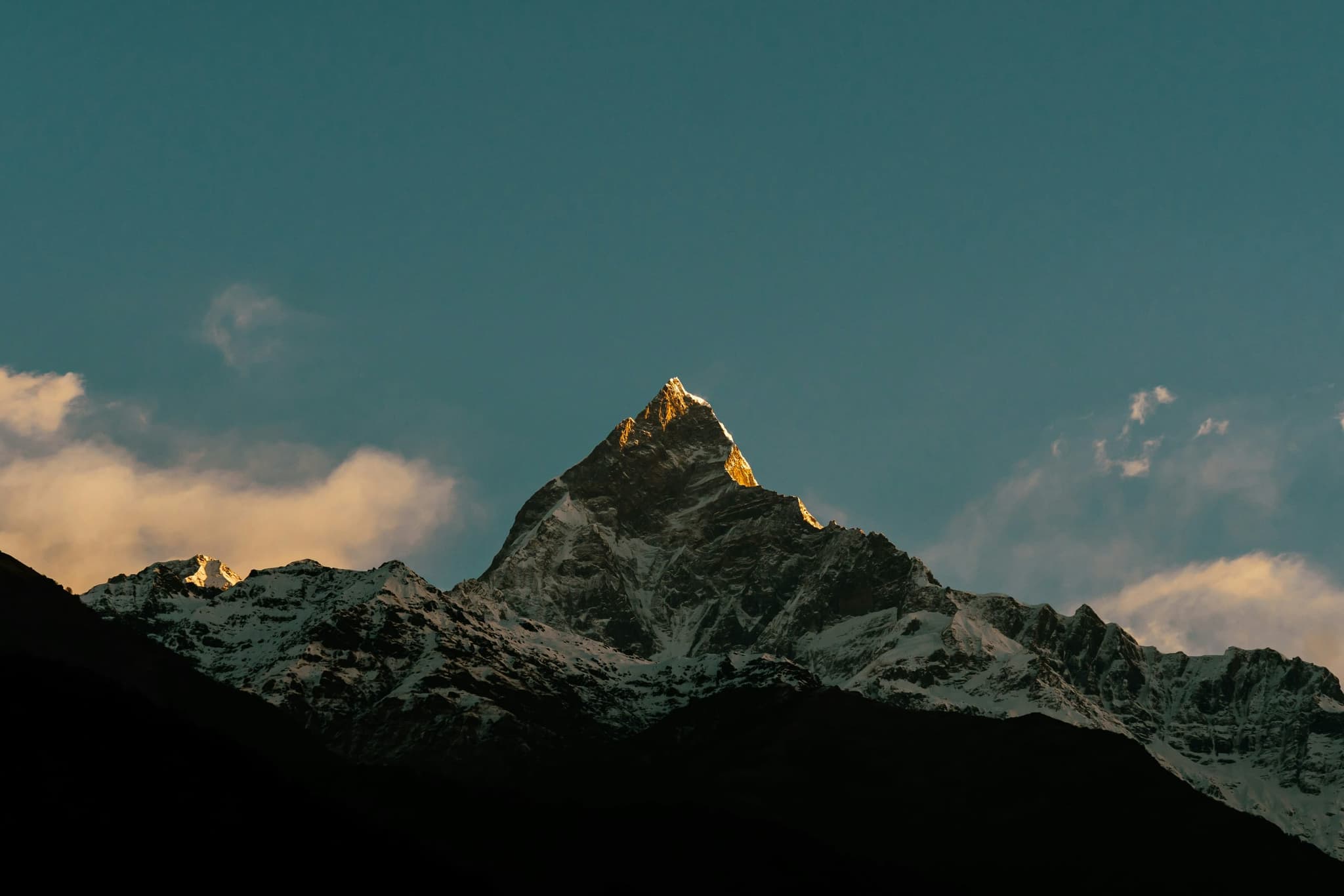 First light on Machhapuchhre, the Fishtail peak, in the Annapurna Himalaya
